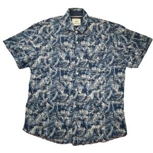 Private Member Button Down Shirt Linen Blend Tropical Palm Print L Blue White